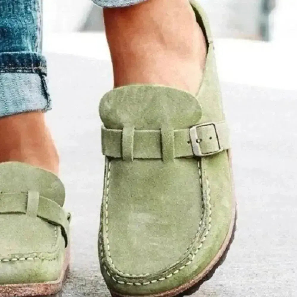 Women's round toe low heel buckle loafers by Plush Fashion Hub, comfortable premium PU dress shoes for stylish everyday wear.