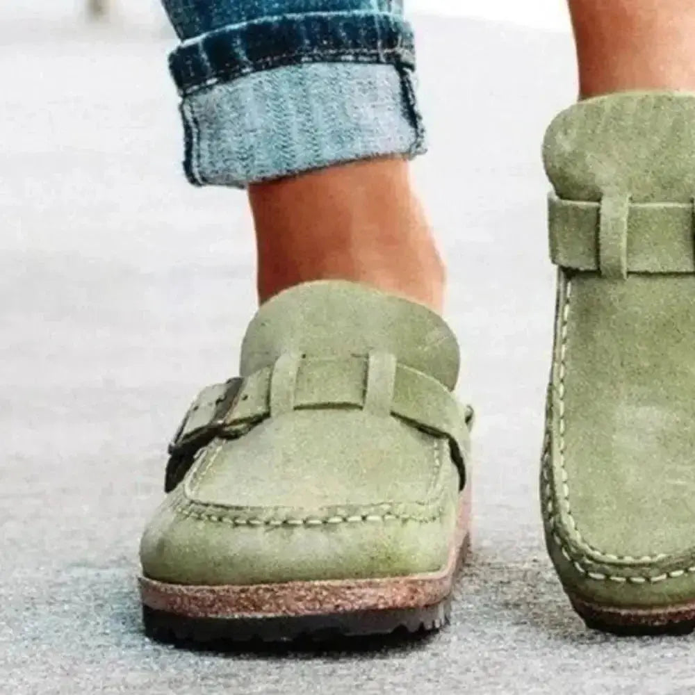 Women's round toe low heel buckle loafers by Plush Fashion Hub, comfortable premium PU dress shoes with stylish design.
