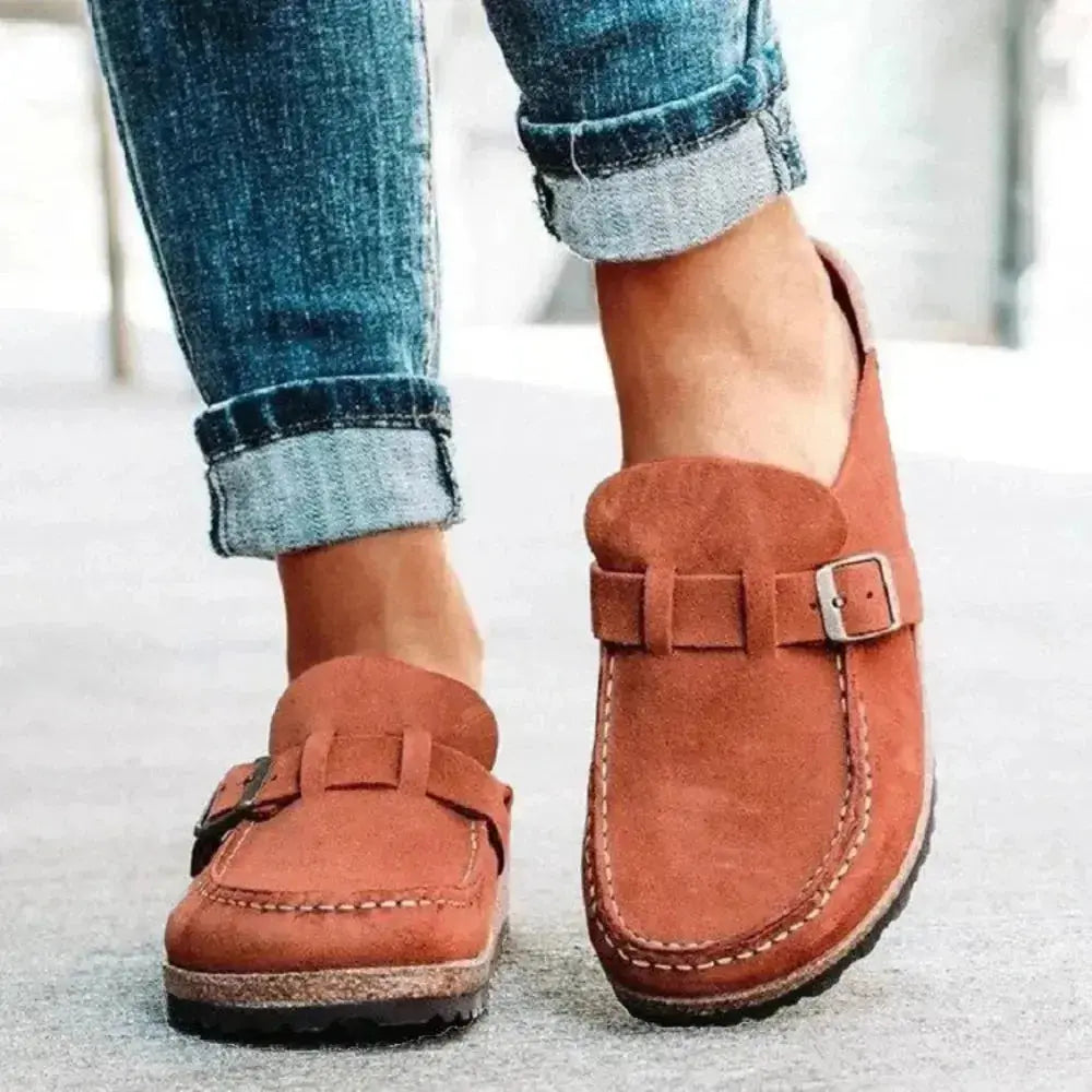 Women's round toe low heel buckle loafers in premium PU material, stylish dress shoes from Plush Fashion Hub.
