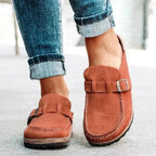 Women's round toe low heel buckle loafers in premium PU material, stylish dress shoes from Plush Fashion Hub.