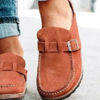 Women's round toe low heel buckle loafers by Plush Fashion Hub, comfortable dress shoes made of premium PU material.