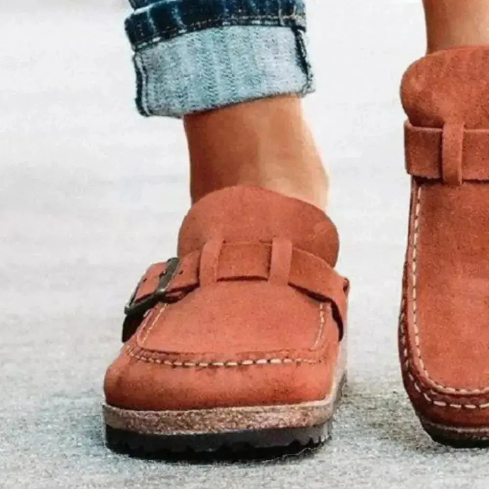 Women's round toe low heel buckle loafers in premium PU leather, stylish dress shoes for comfortable wear by Plush Fashion Hub.