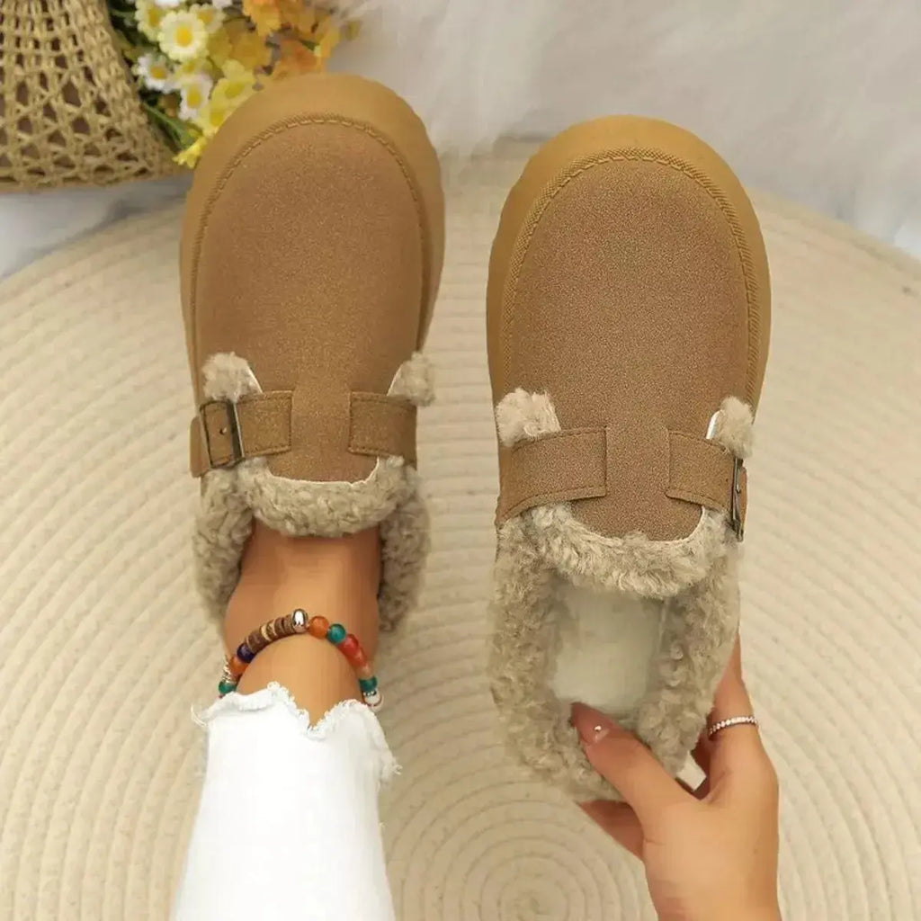 Plush Fashion Hub women's fleece-lined slip-on shoes with round toe and platform for cozy, casual comfort.