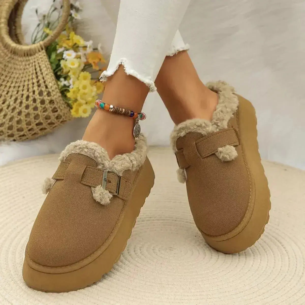 Women's platform fleece-lined slip-on shoes by Plush Fashion Hub with round toe and cozy casual style.