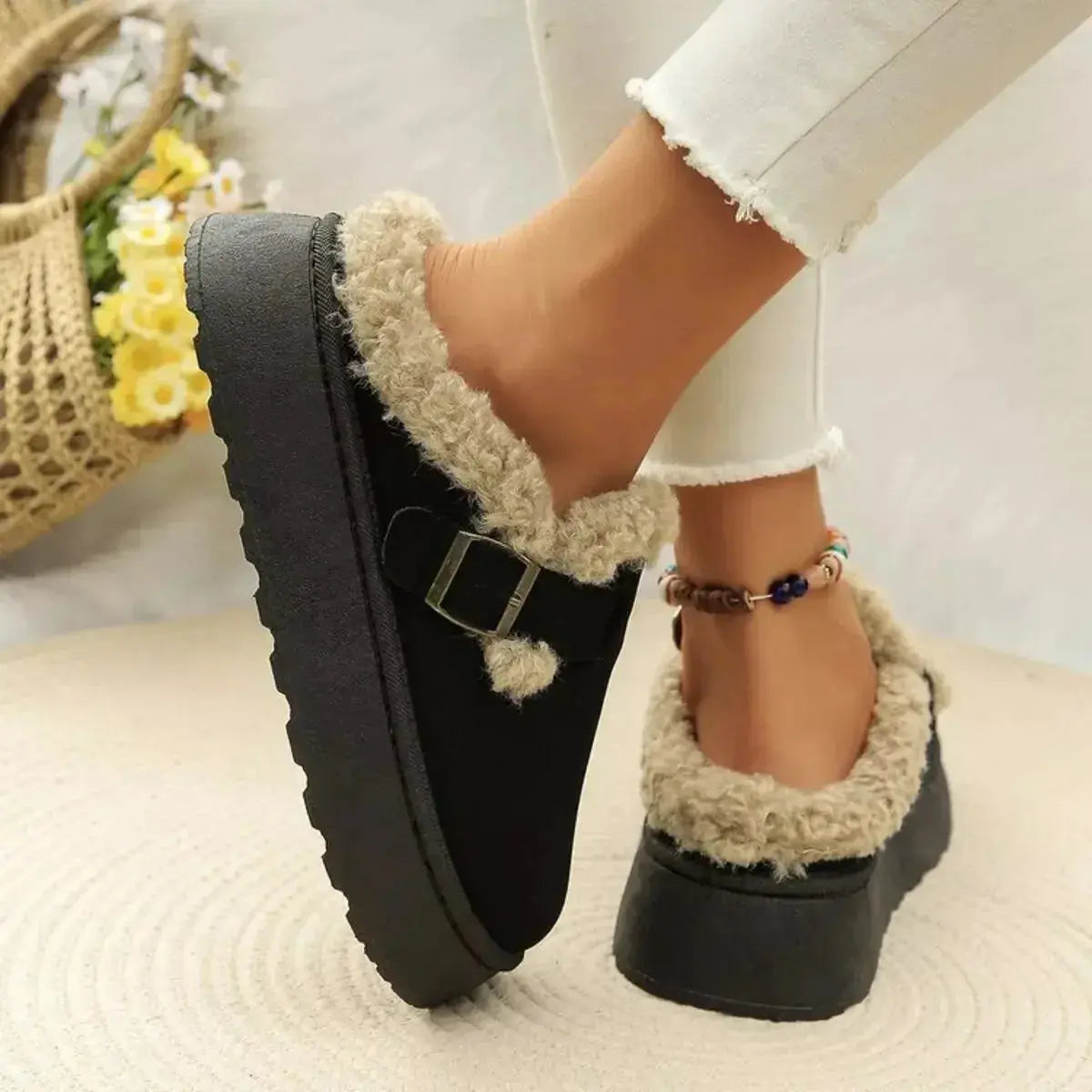 Plush Fashion Hub women's fleece-lined slip-on shoes with round toes and platform design for cozy casual comfort.