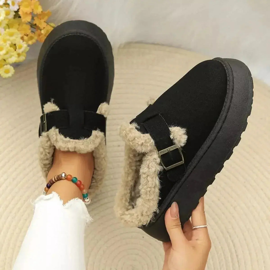 Women's plush fleece-lined slip-on shoes with round toes and platform design by Plush Fashion Hub. Casual and cozy footwear.