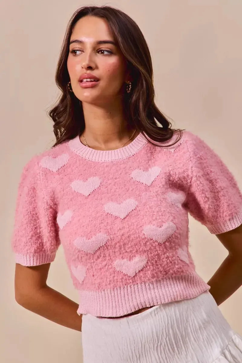 SO ME All Over Heart Valentine Cropped Sweater - Plush Fashion Hub