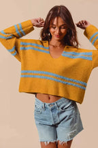 SO ME Fuzzy Hairy Stripe Deep U Neck Swetaer - Plush Fashion Hub