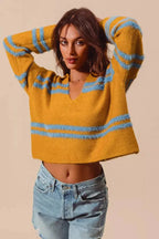 SO ME Fuzzy Hairy Stripe Deep U Neck Swetaer - Plush Fashion Hub