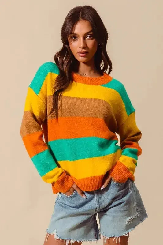 SO ME Multi Color Stripe Sweater with Ribbed Detail - Plush Fashion Hub