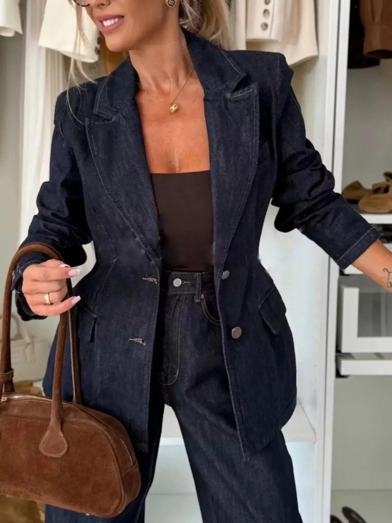 Single-Breasted Washed Denim Blazer - Plush Fashion Hub
