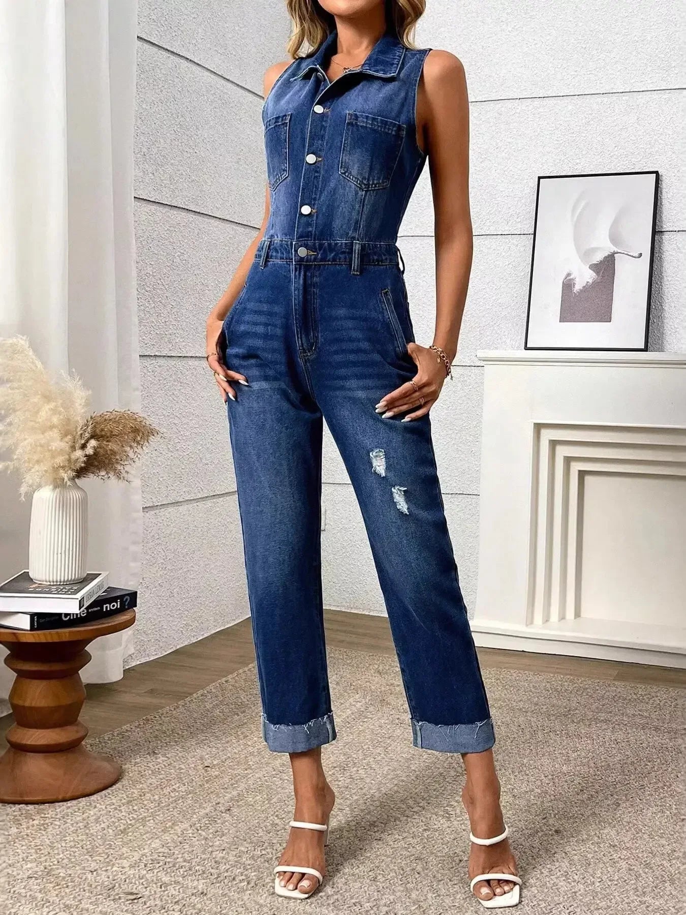 Sleeveless Button Front Denim Jumpsuit - Plush Fashion Hub