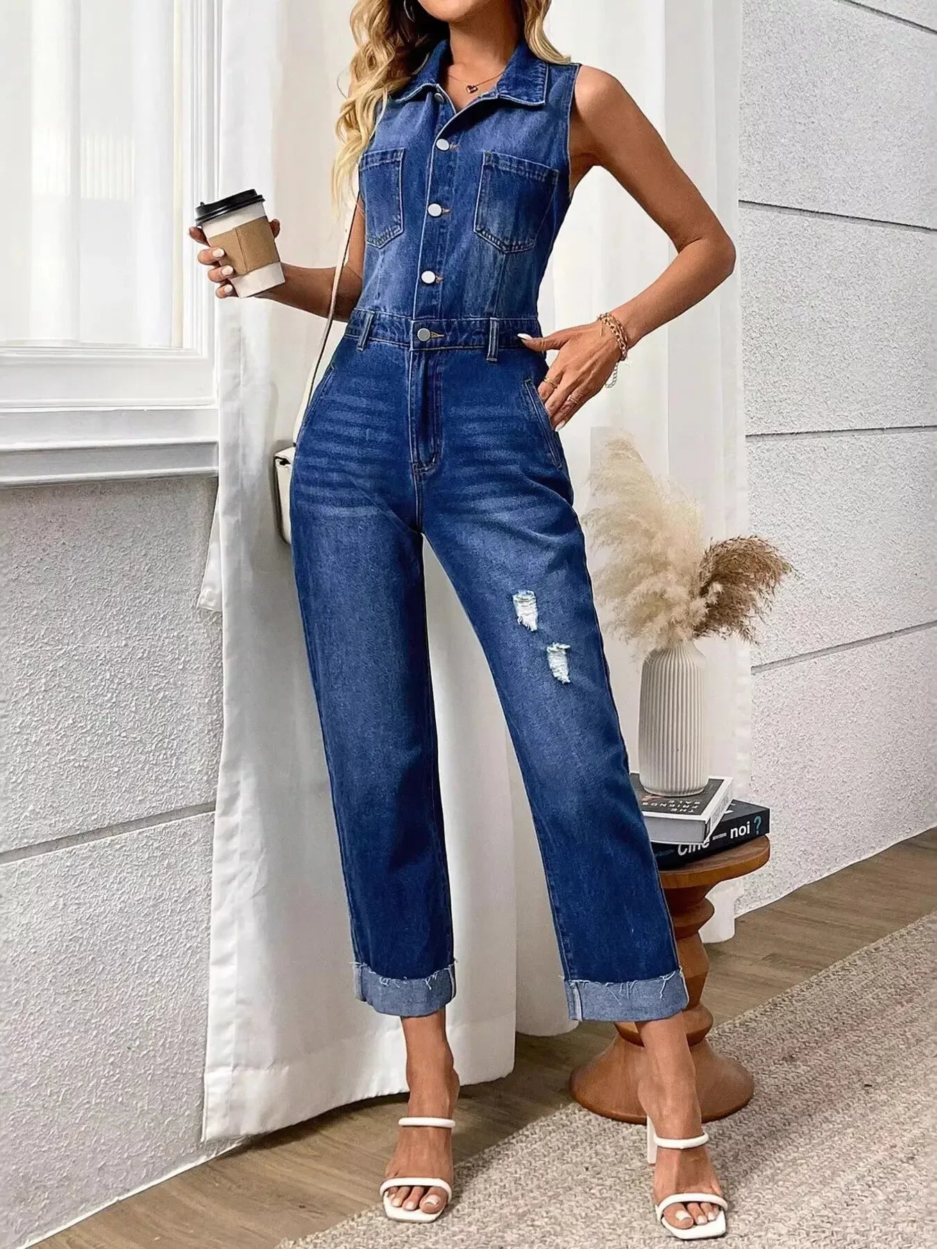 Sleeveless Button Front Denim Jumpsuit - Plush Fashion Hub