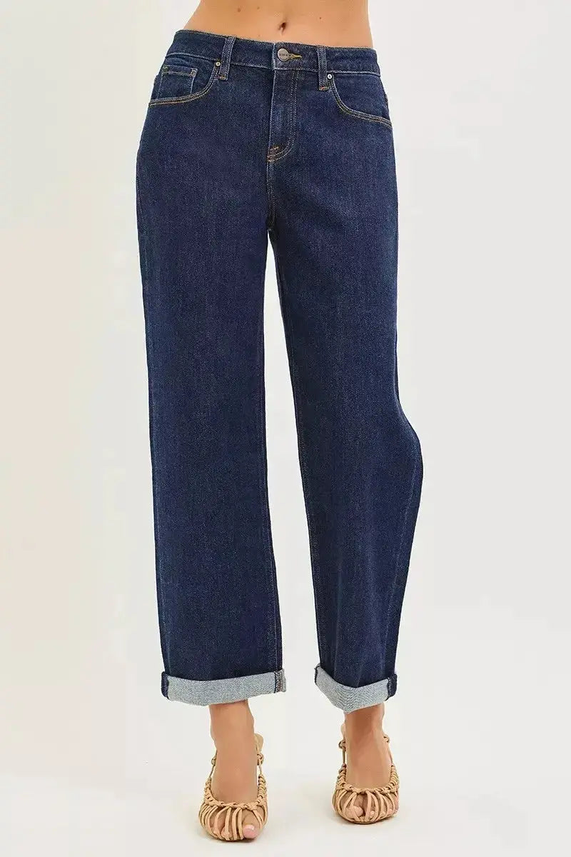 RISEN Slouchy Cropped Boyfriend Jeans With Cuffed Hem - Plush Fashion Hub