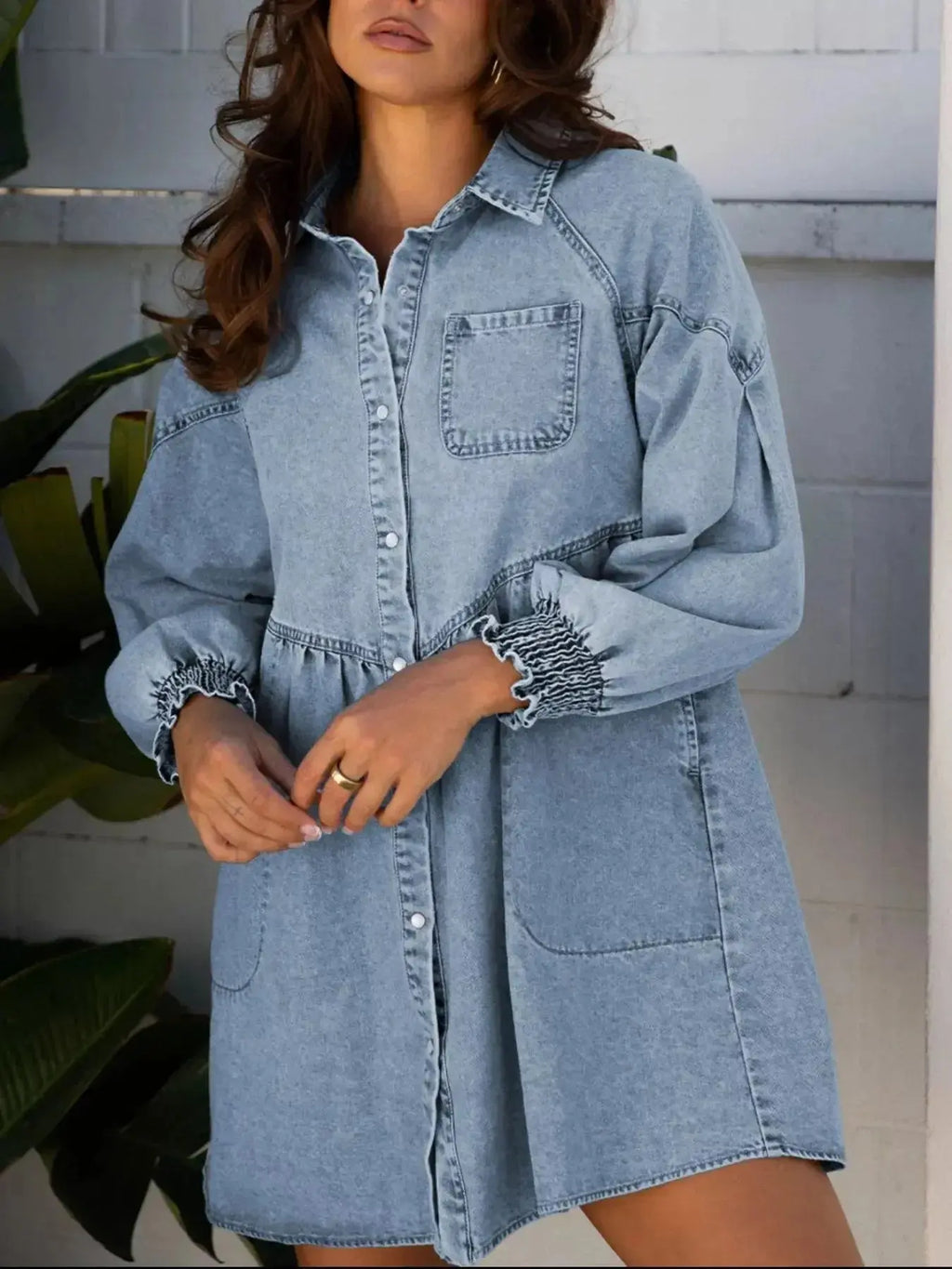 Smocked Cuffs Flared Denim Shirt Mini Dress - Plush Fashion Hub