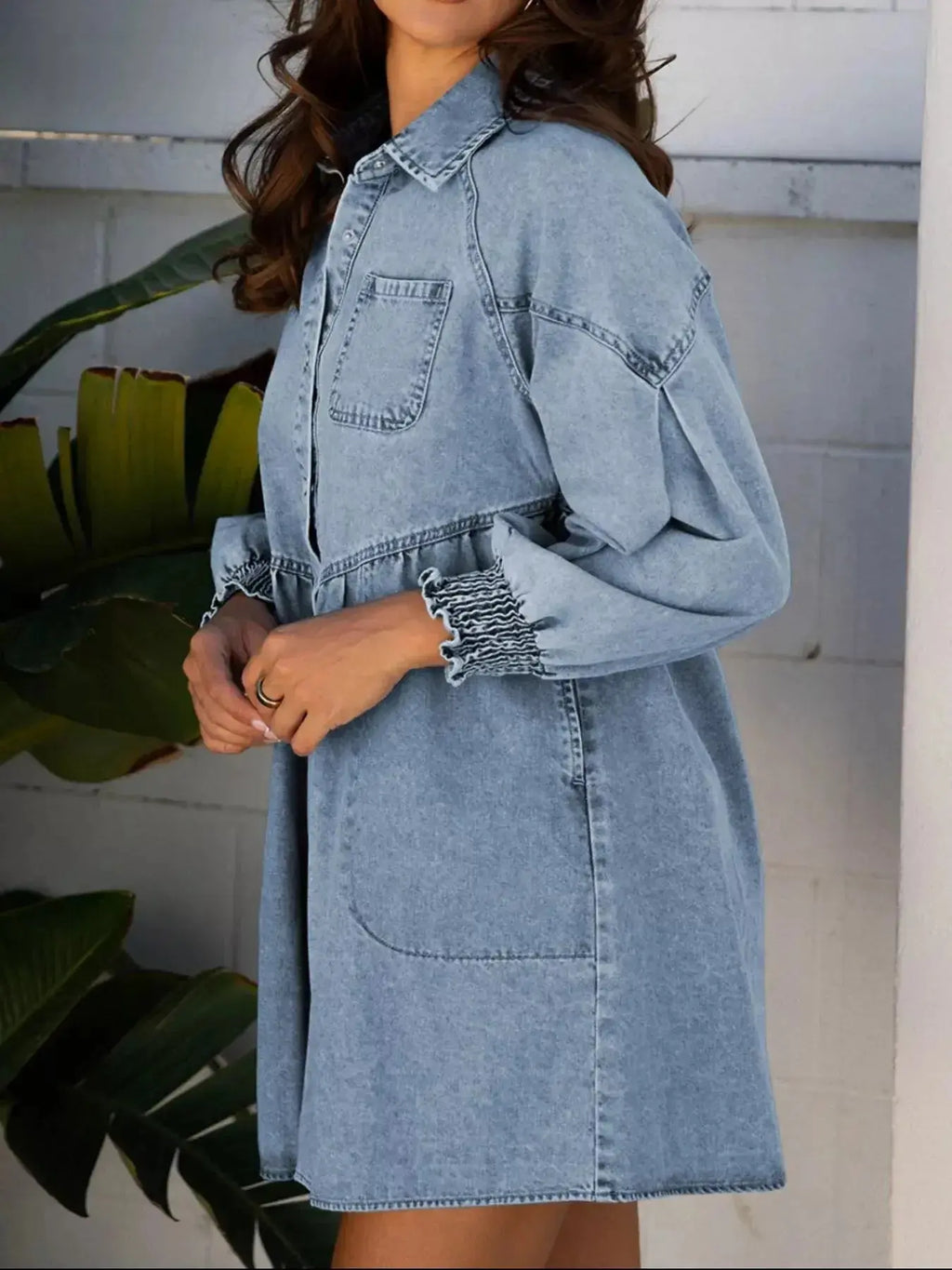 Smocked Cuffs Flared Denim Shirt Mini Dress - Plush Fashion Hub