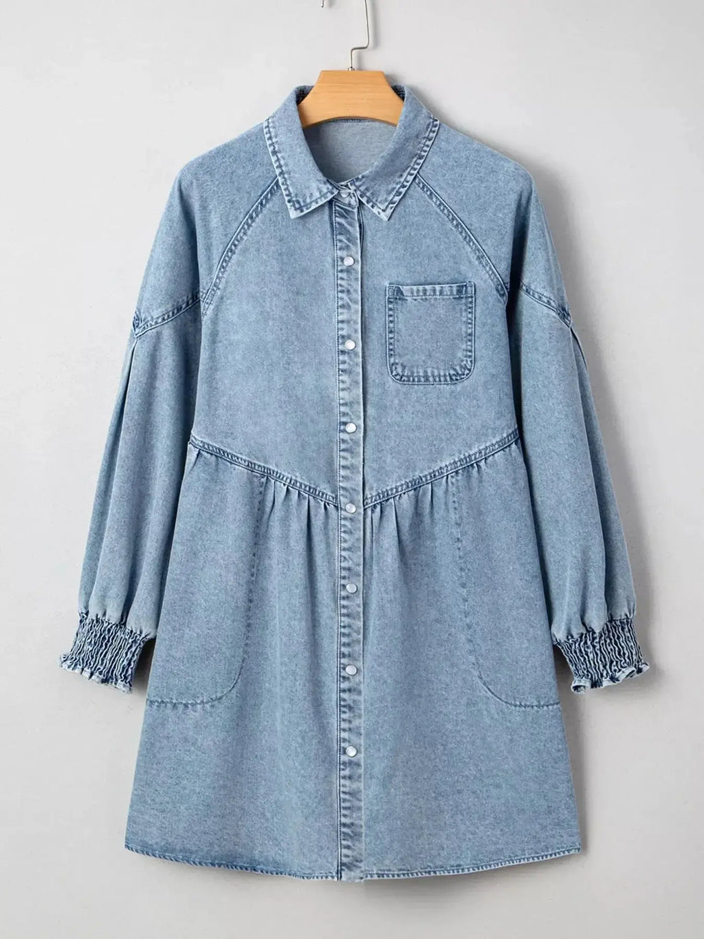 Smocked Cuffs Flared Denim Shirt Mini Dress - Plush Fashion Hub