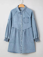 Smocked Cuffs Flared Denim Shirt Mini Dress - Plush Fashion Hub