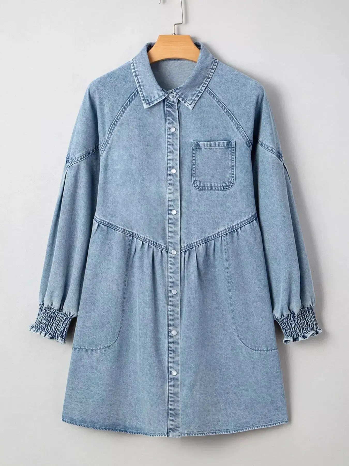 Smocked Cuffs Flared Denim Shirt Mini Dress - Plush Fashion Hub