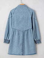 Smocked Cuffs Flared Denim Shirt Mini Dress - Plush Fashion Hub
