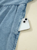 Smocked Cuffs Flared Denim Shirt Mini Dress - Plush Fashion Hub