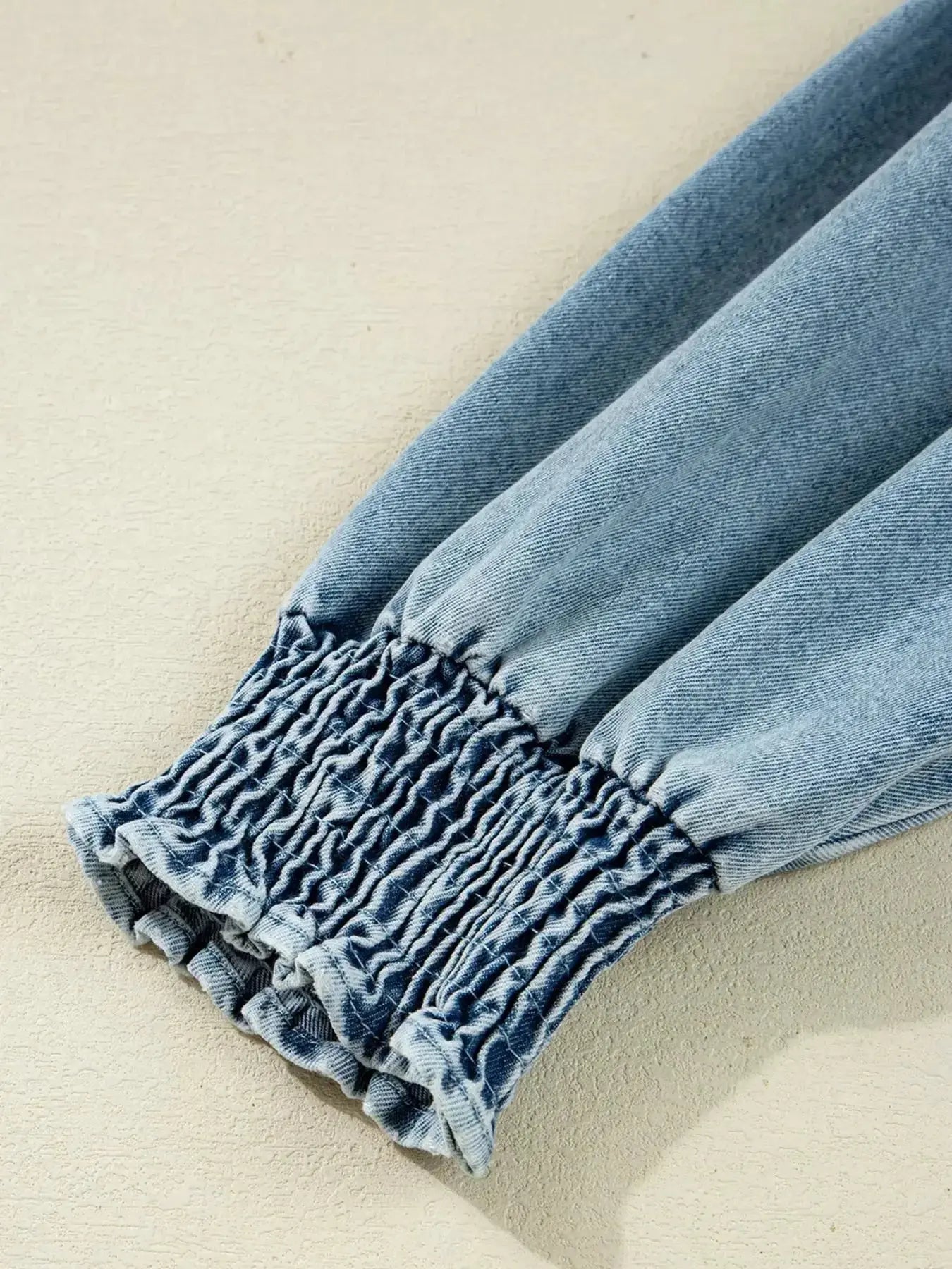 Smocked Cuffs Flared Denim Shirt Mini Dress - Plush Fashion Hub