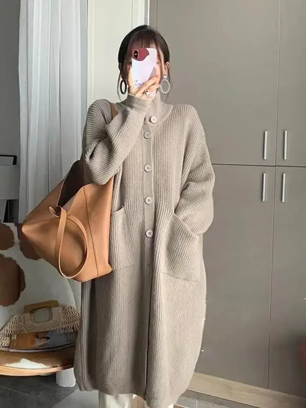 Solid Color Coat Mid Length Turtleneck Cardigan Sweater - Plush Fashion Hub