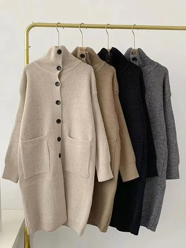 Solid Color Coat Mid Length Turtleneck Cardigan Sweater - Plush Fashion Hub