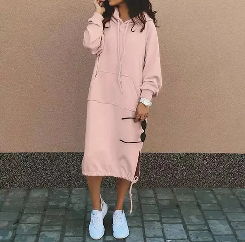 Women's long sleeve hooded sweatshirt from Plush Fashion Hub, solid color, oversized pullover with drawstring hood and comfy fit.