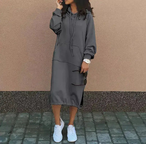 Solid color women's long sleeve hooded sweatshirt by Plush Fashion Hub, featuring a drawstring hood and oversized fit.