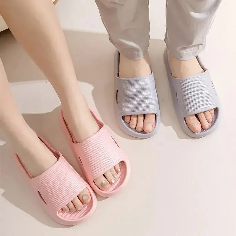Plush Fashion Hub unisex thick sole EVA bathroom slippers with non-slip soles, solid color, lightweight indoor slides.