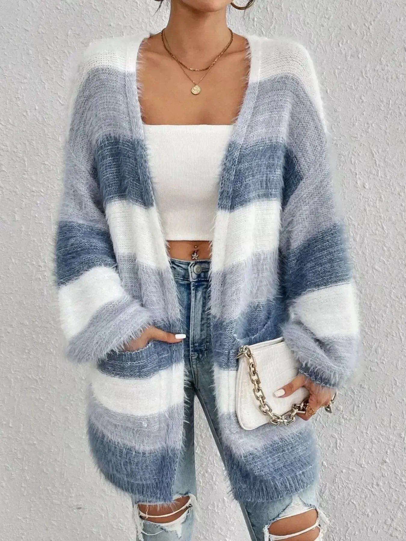 Striped fuzzy knit open front cardigan with pockets, cozy layering sweater by Plush Fashion Hub, featuring soft, warm fabric and relaxed fit.