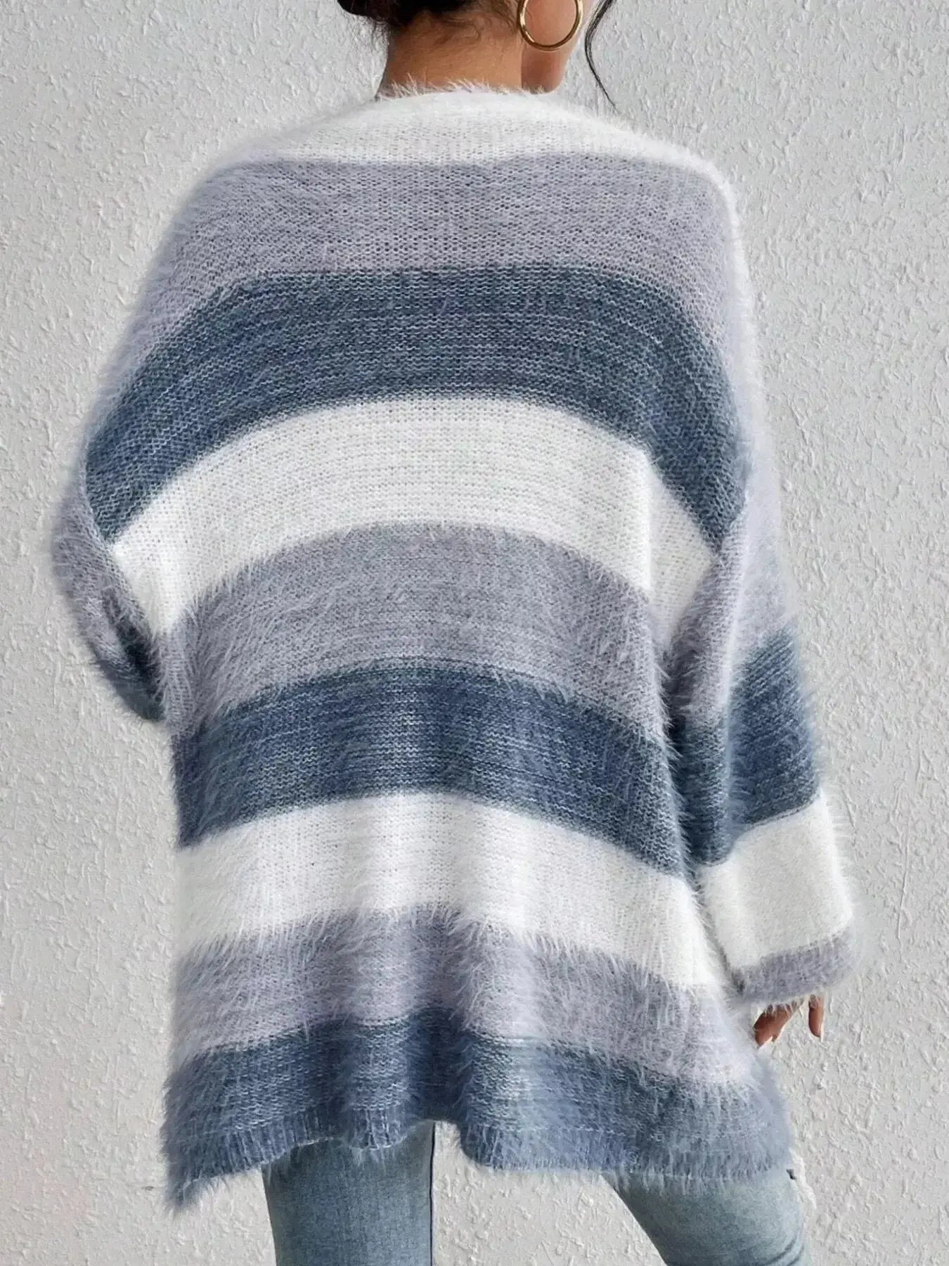 Striped fuzzy knit open front cardigan with pockets, cozy layering sweater by Plush Fashion Hub, featuring soft, comfortable fabric.