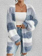 Striped Fuzzy Knit Open Front Cardigan - Plush Fashion Hub
