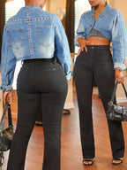 Studded One Button Cropped Denim Top - Plush Fashion Hub