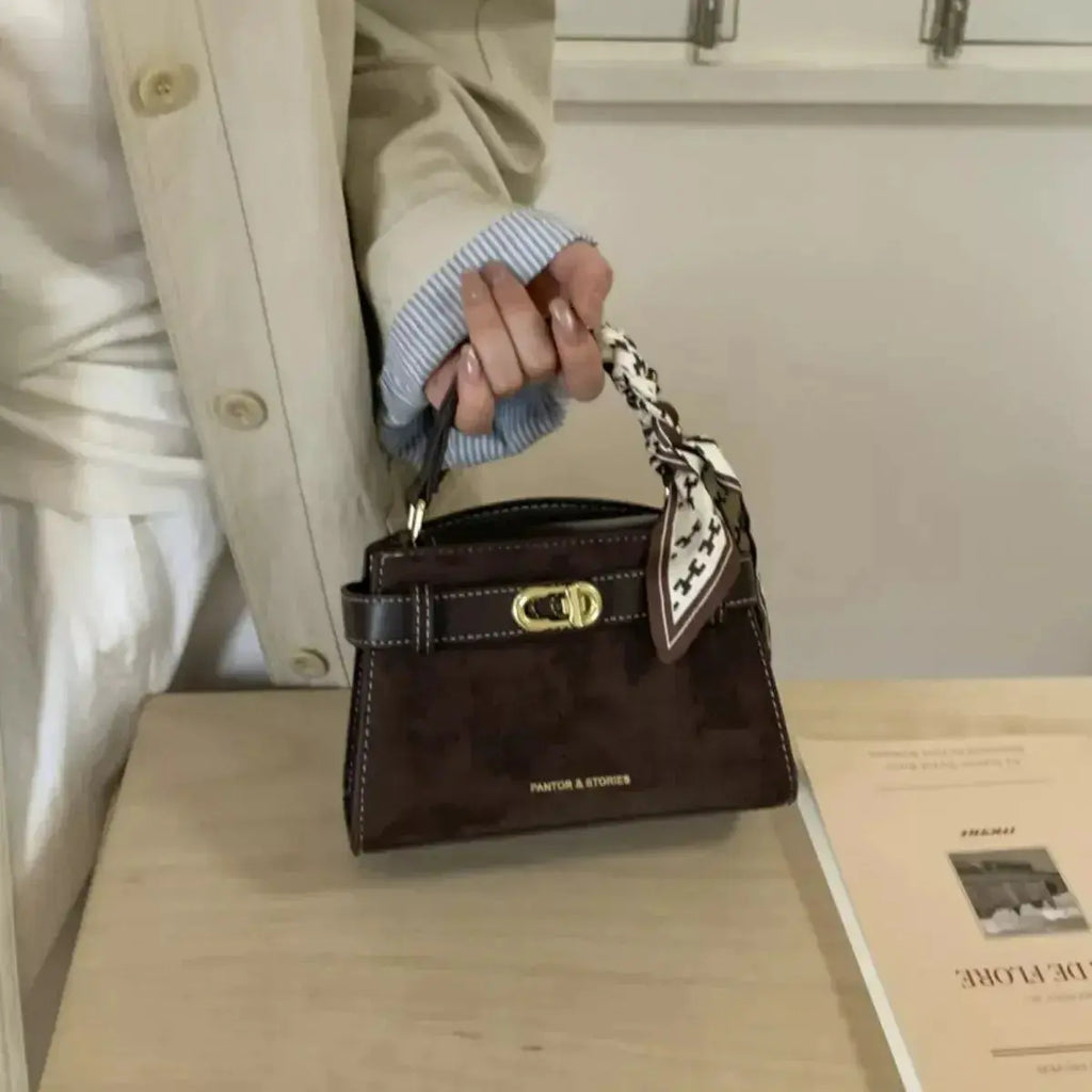 Premium suede mini crossbody bag with adjustable leather strap from Plush Fashion Hub, featuring a sleek compact design.