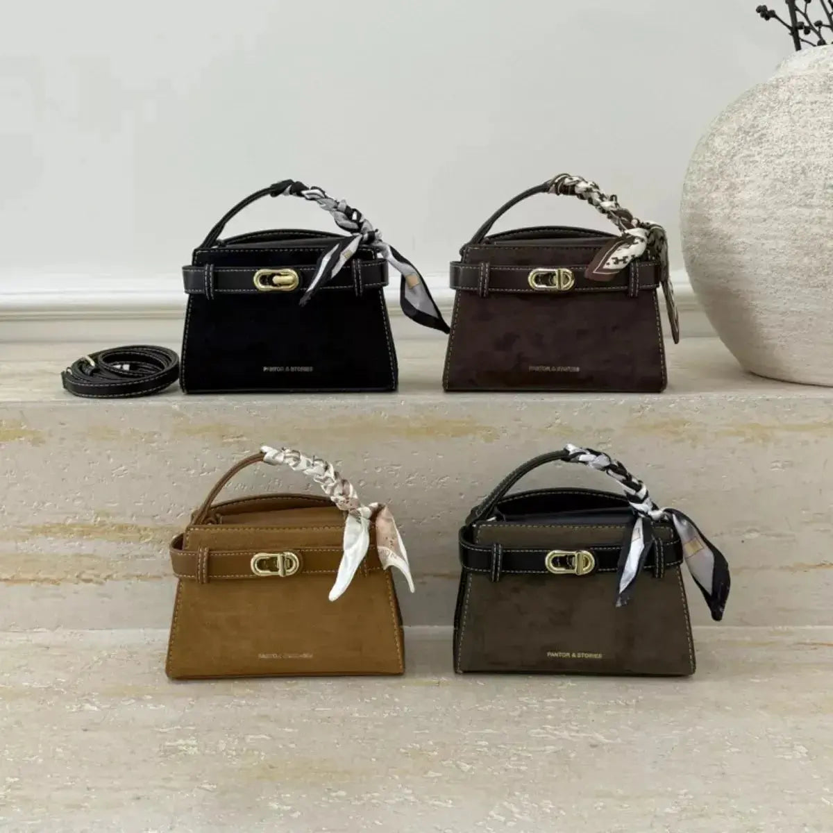 Plush Fashion Hub premium suede mini crossbody bag with adjustable leather strap, stylish and compact for everyday use.