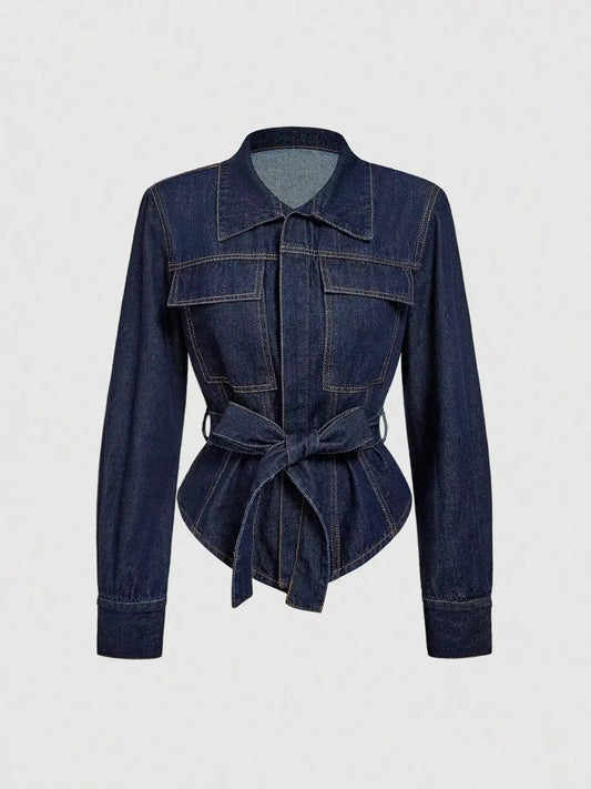 Tie Waist Long Sleeve Denim Jacket - Plush Fashion Hub