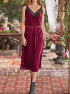Velvet cami lounge dress with lace trim, elegant women's sleepwear in soft fabric, featuring a relaxed fit and delicate detailing.