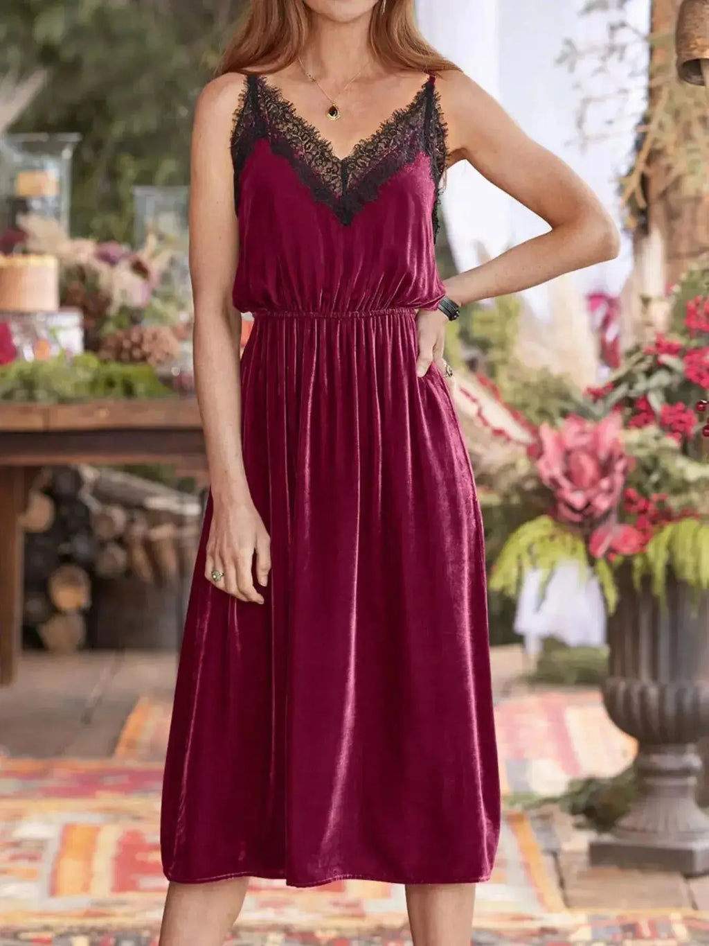 Velvet camisole lounge dress with lace trim, elegant women's sleepwear by Trendsi, featuring a soft, luxurious fabric and relaxed fit.