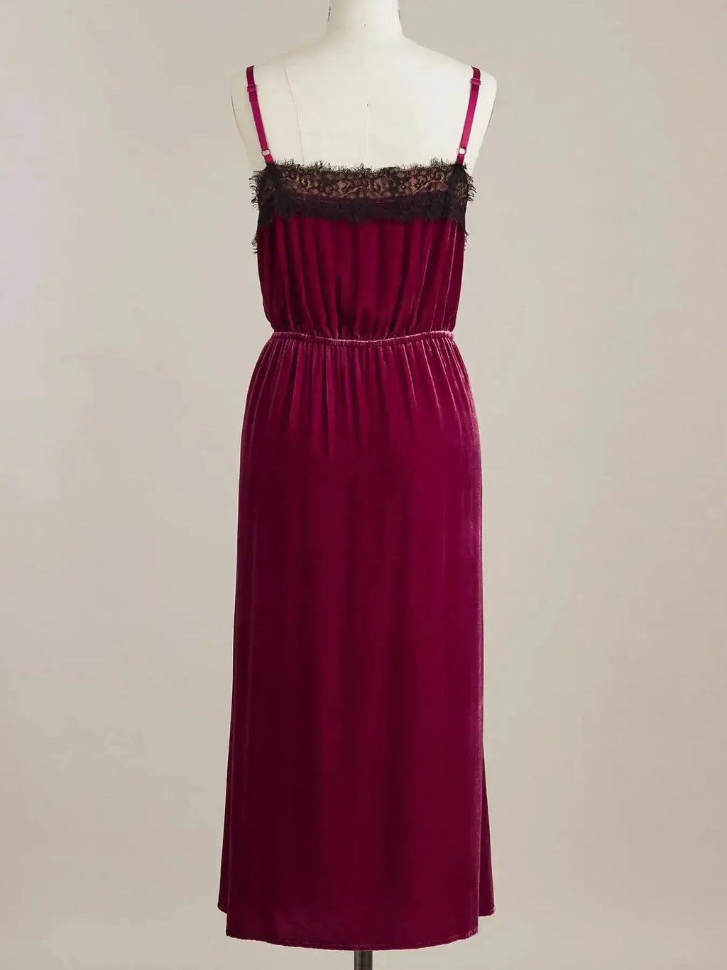 Velvet cami lounge dress with lace trim, elegant women's sleepwear by Trendsi, featuring a soft velvet fabric and delicate lace details.