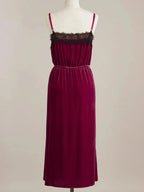 Velvet cami lounge dress with lace trim, elegant women's sleepwear by Trendsi, featuring a soft velvet fabric and delicate lace details.