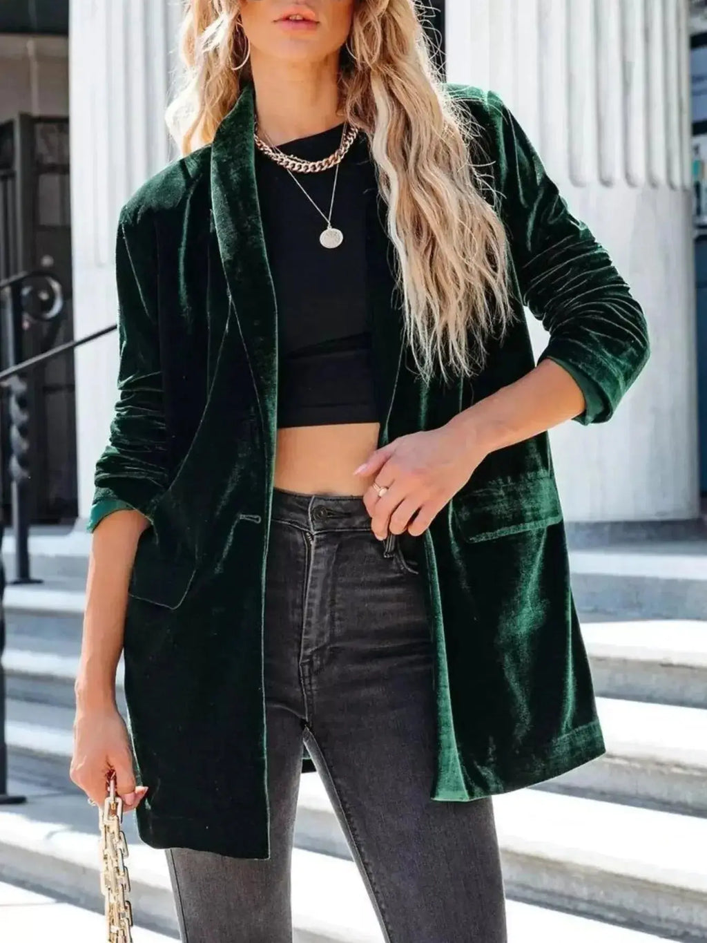 Velvet one-button lightweight coat by Trendsi, featuring a minimalist design and sophisticated style for modern outerwear.