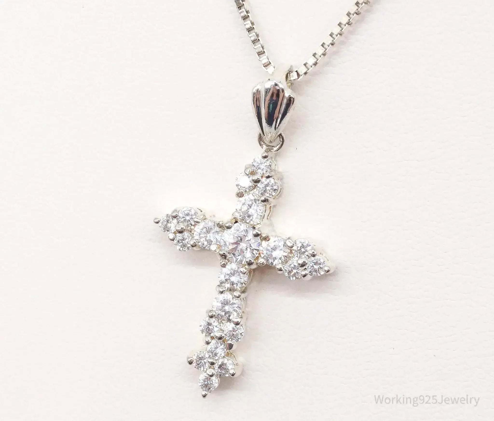 Vintage Cubic Zirconia Cross Sterling Silver Necklace - Plush Fashion Hub