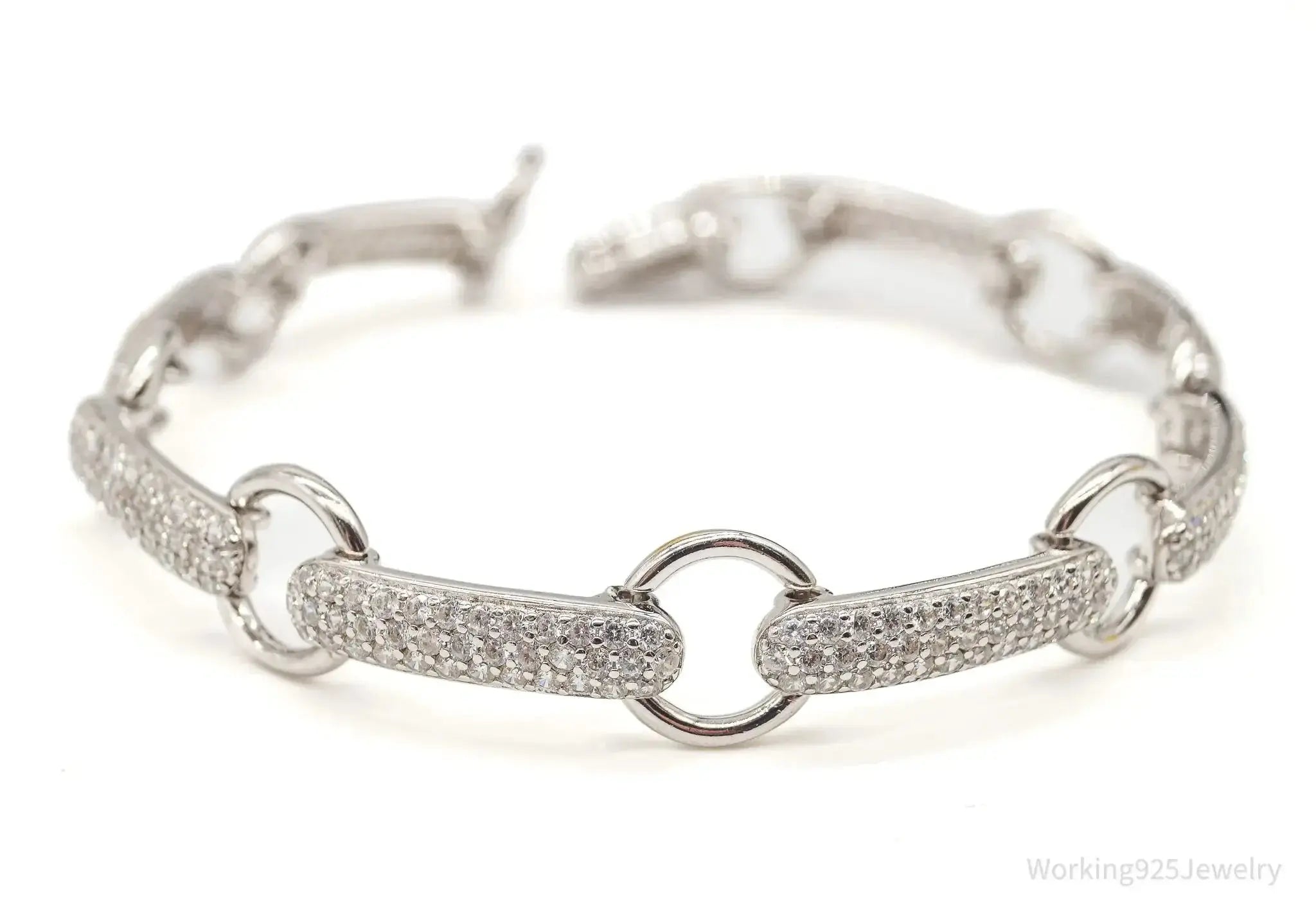 Vintage Designer Cubic Zirconia Open Link Sterling Silver Bracelet - Plush Fashion Hub