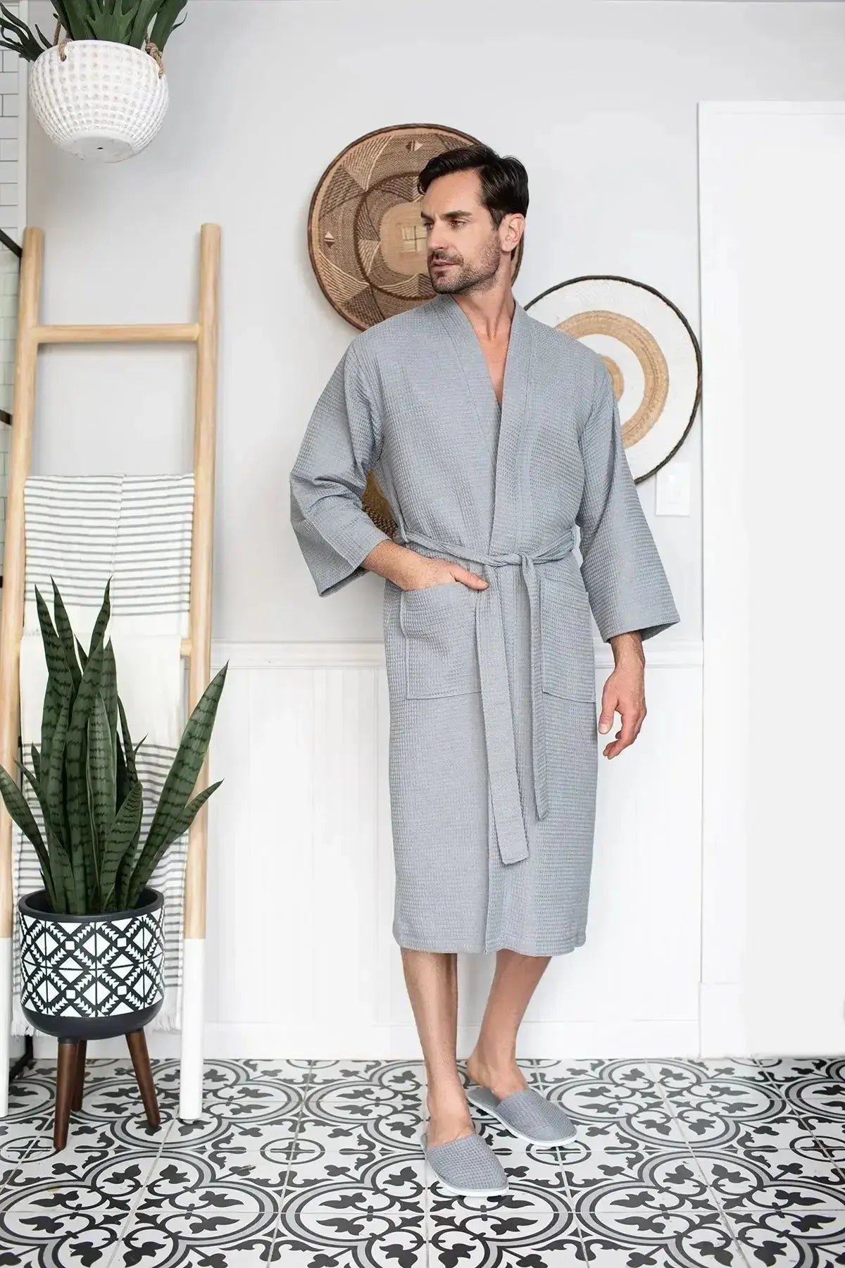 Waffle Spa Bathrobe for Men - Absorbent, Lightweight - Plush Fashion Hub