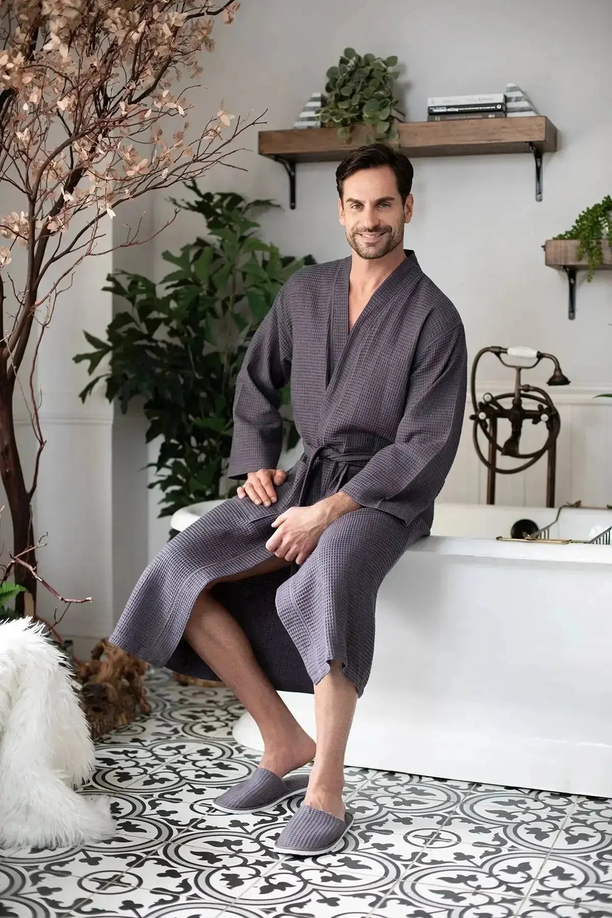 Waffle Spa Bathrobe for Men - Absorbent, Lightweight - Plush Fashion Hub