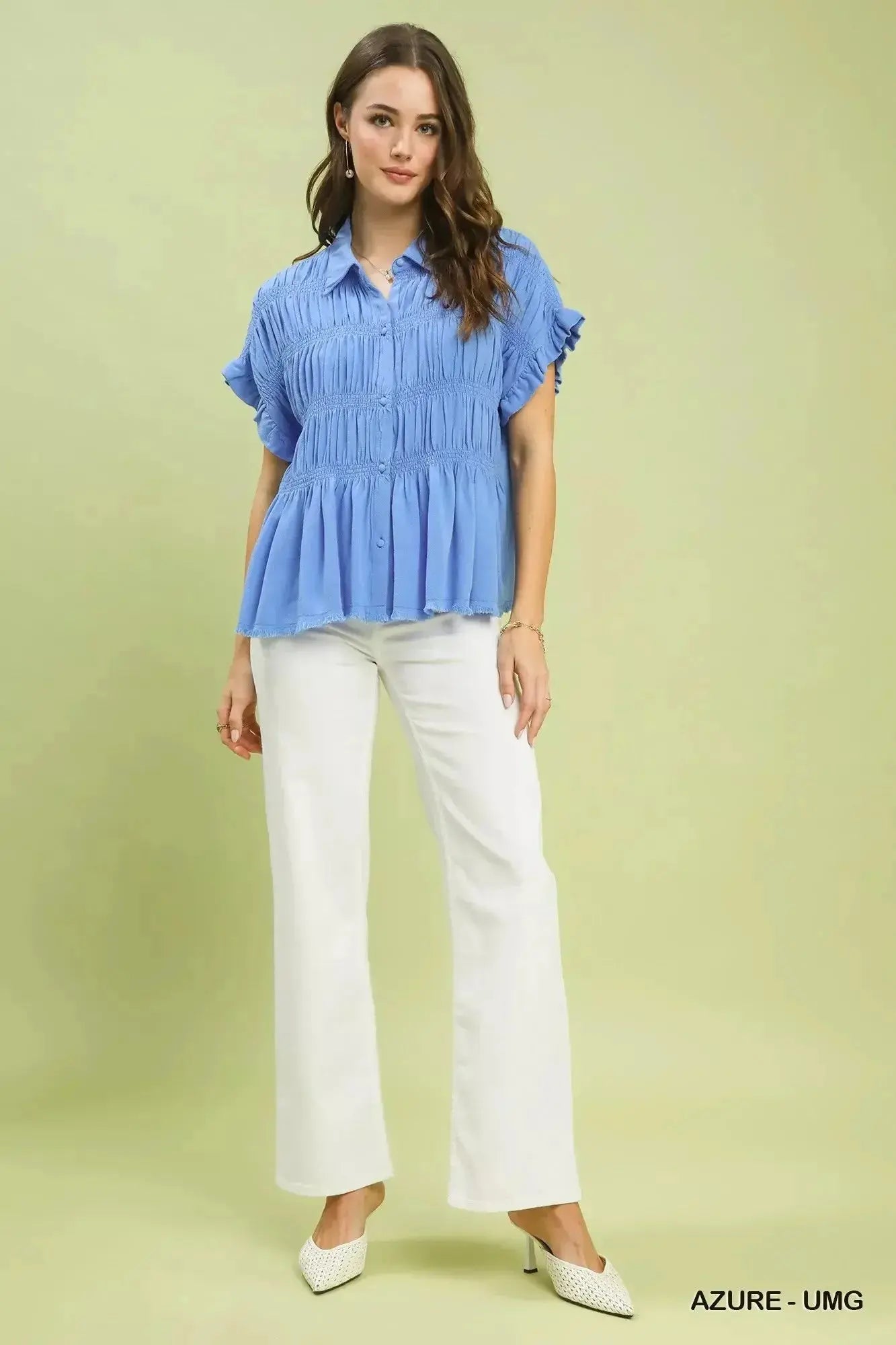 Umgee Washed Linen Blend Smocked Shirt - Plush Fashion Hub