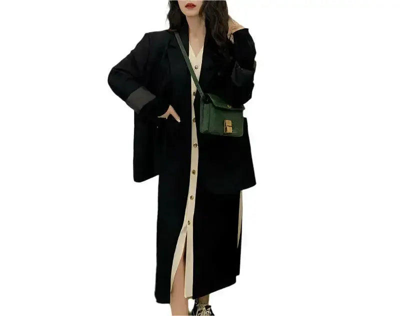 Women’s black long sleeve knitted A-line dress by Plush Fashion Hub, soft and versatile midi dress with a cozy, stylish fit.