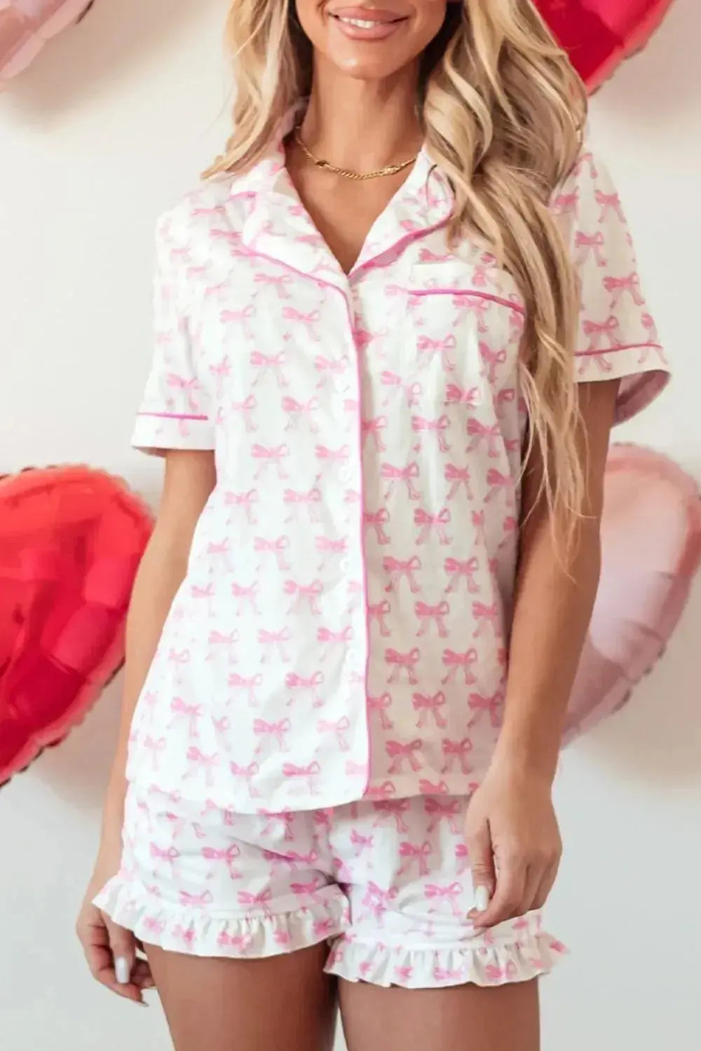 Bow Shirt and Shorts Lounge Set - Plush Fashion Hub